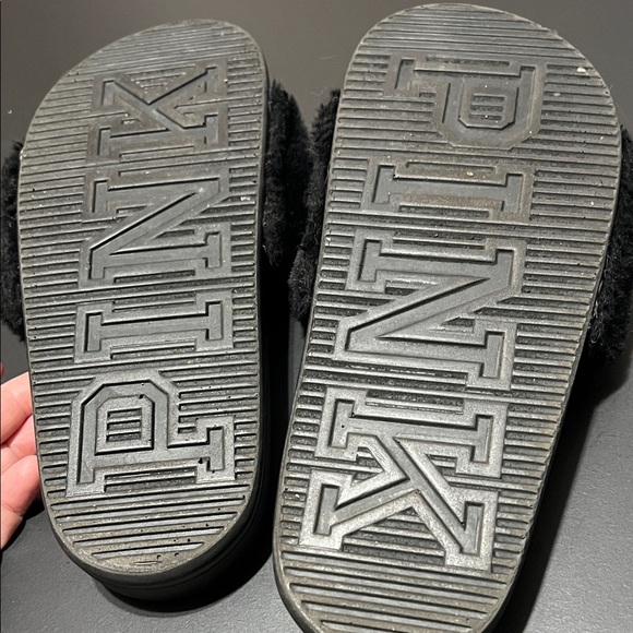 PINK Victoria's Secret Black Plush Slides - Picture 3 of 4
